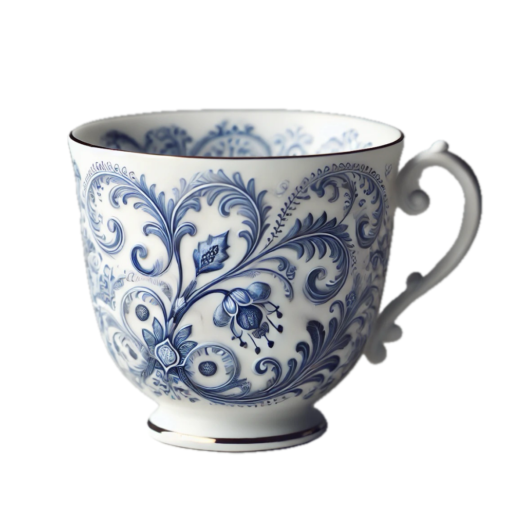 A beautiful white porcelain cup with intricate blue designs.