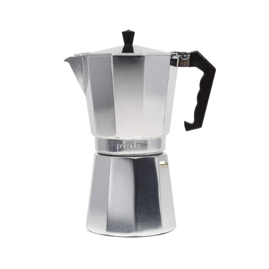 A silver espresso maker on a white background.