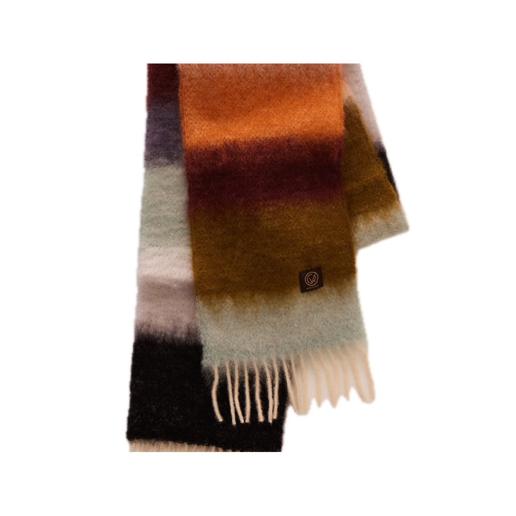 A wool scarf with square patterns in orange, milk and brown.